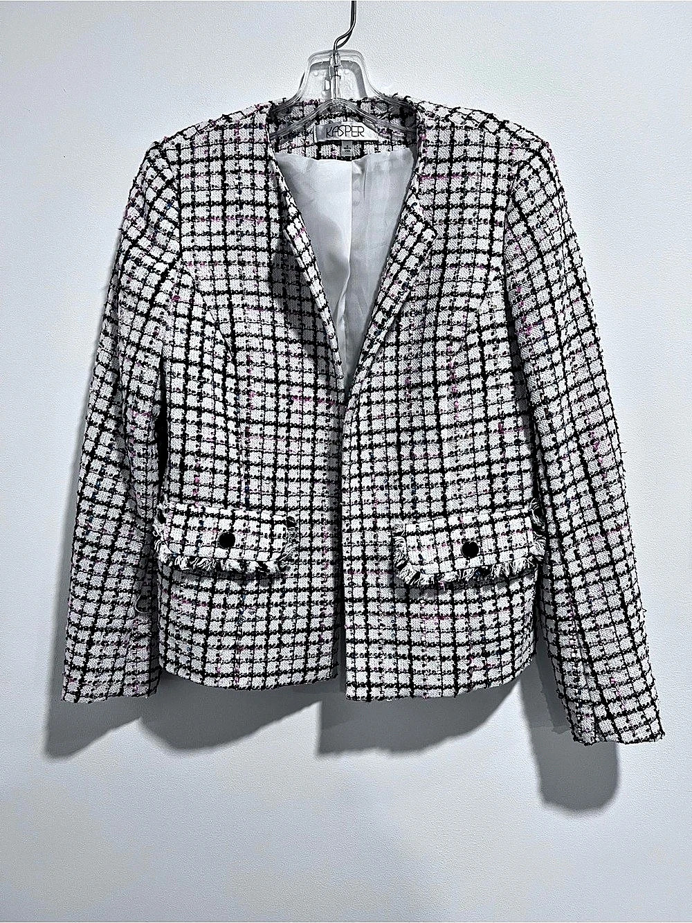 Kasper Checkered Tweed Blazer in White & Black